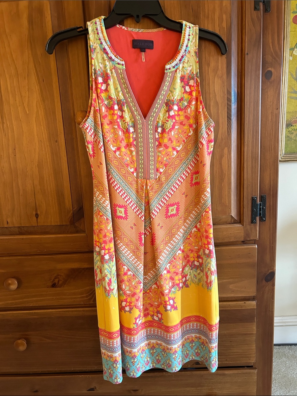 Hale Bob V‑Neck Sleeveless Floral Geo Print Dress in Yellow and Coral
